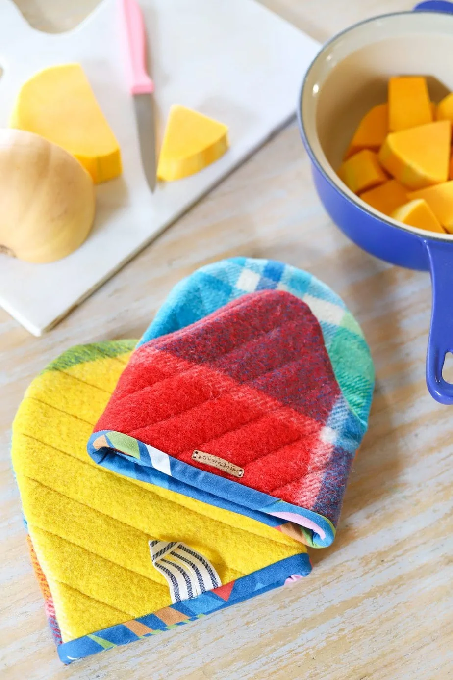 Handmade Kitchen Mittens with Fabric Applications